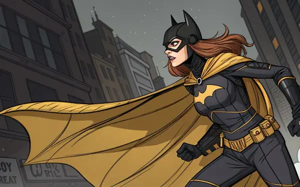 Batgirl racing across a Gotham rooftop at night, cape billowing against a starry sky and city skyline — 4K Ultra HD PC desktop wallpaper and background.