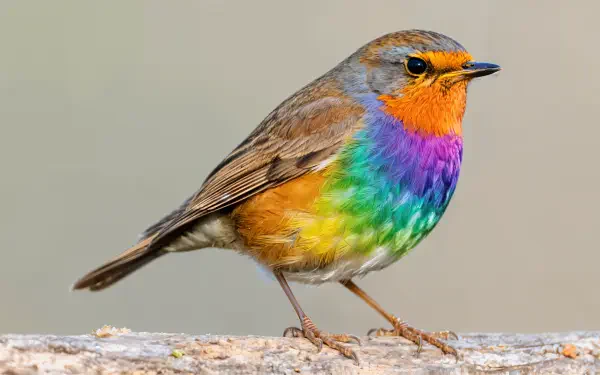 4K Ultra HD PC desktop wallpaper: close-up of a robin with vivid rainbow plumage perched on a branch against a soft neutral background.