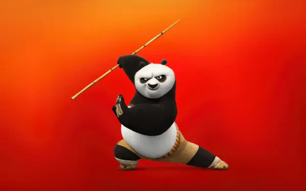 Po from Kung Fu Panda 4 strikes with his staff against a vivid orange-red gradient — 4K Ultra HD PC desktop wallpaper and background.