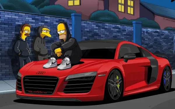 4K Ultra HD PC desktop wallpaper from the TV show The Simpsons: Homer Simpson, Moe Szyslak and Ned Flanders in hoodies by a red Audi R8 at night against a brick wall.