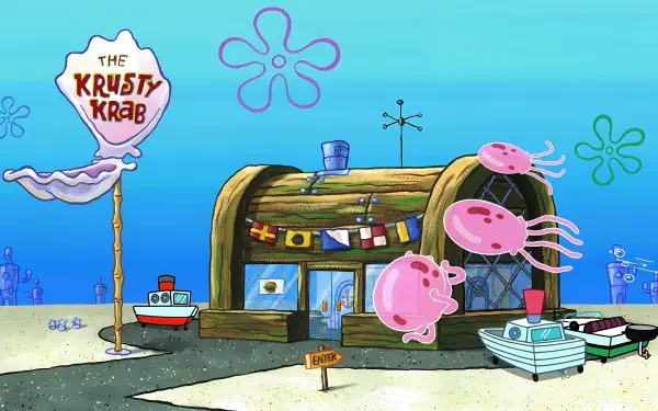 4K Ultra HD PC desktop wallpaper of the Krusty Krab from SpongeBob SquarePants — wooden seaside restaurant with its sign, docked boats and pink jellyfish drifting in bright blue water.