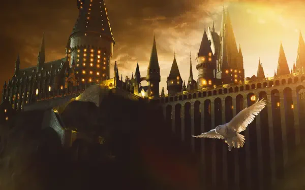 Harry Potter 4K Ultra HD PC desktop wallpaper: Hogwarts at dusk, glowing windows and spires silhouetted against a golden sky, a white owl flying in the foreground.