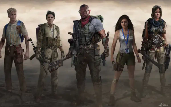 Army of the Dead (2021) 4K Ultra HD PC wallpaper: five armed survivors stand in a dusty, desaturated post-apocalyptic landscape, carrying weapons and tactical gear.