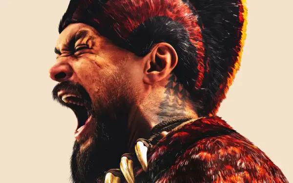 4K Ultra HD PC desktop wallpaper of a roaring Chief of War in a tribal headdress and fur armor — close-up painted face, open mouth and teeth, dramatic side lighting.