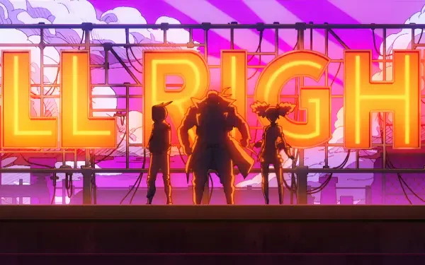 My Hero Academia: Vigilantes 4K Ultra HD PC wallpaper — three silhouetted vigilantes stand on a rooftop before a giant glowing sign with a vivid purple-pink sky.