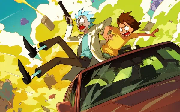 Rick and Morty: The Anime 4K Ultra HD PC desktop wallpaper — Rick fires a gun while Morty screams as they tumble from a red car against a bright, explosive yellow sky.