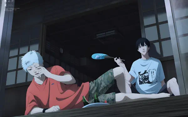 Anime HD PC desktop background of Indou Hikaru (white hair) and Tsujinaka Yoshiki (black hair) from The Summer Hikaru Died, lounging on a dim wooden porch, one waving a hand fan.