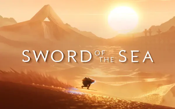 HD PC desktop wallpaper and background for the video game Sword of the Sea: lone warrior with glowing sword strides across golden desert dunes toward a blazing sun, game title centered.