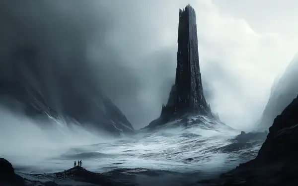 Fantasy black spire rising from mist-shrouded, windswept plains with tiny figures at its base — dramatic monochrome 4K Ultra HD PC desktop wallpaper background.