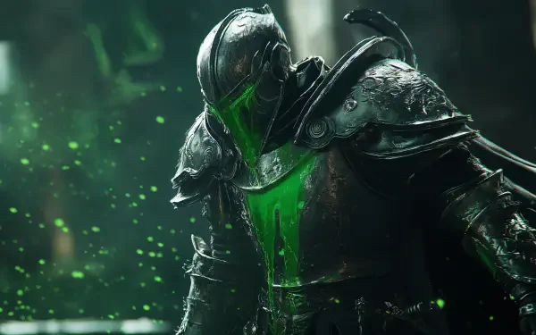 4K Ultra HD PC desktop wallpaper: a fantasy knight in cursed black armor oozing luminous green poison, visor glowing as toxic droplets scatter in dim light.