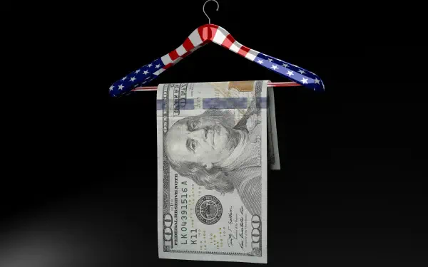 HD PC desktop wallpaper showing an American dollar banknote hung from a Stars-and-Stripes clothes hanger against a black background