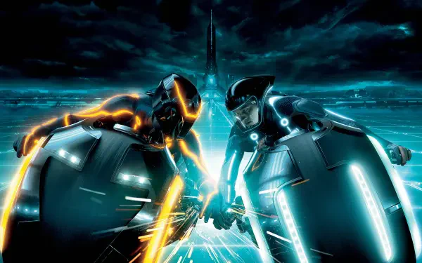 TRON: Legacy 4K Ultra HD PC desktop wallpaper - two light-cycle riders with orange and blue light trails clash on a neon grid beneath a distant spire.