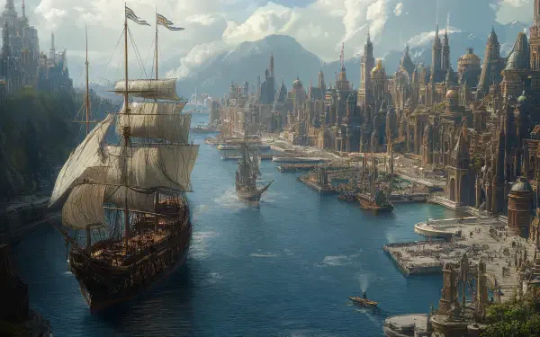4K Ultra HD PC desktop wallpaper showing a fantasy port city with ornate spires, bustling harbor, tall sailing ships and misty mountains beneath dramatic skies.