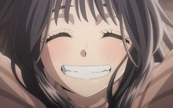 Close-up anime portrait of Kaoruko Waguri from The Fragrant Flower Blooms With Dignity, smiling with eyes closed — HD PC desktop wallpaper/background.