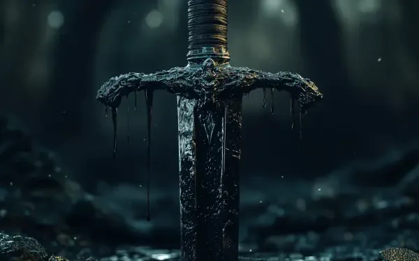 4K Ultra HD PC desktop wallpaper: dark fantasy cursed weapon — a sword driven into mossy earth, its crossguard dripping black ichor beneath dim, foggy forest light.