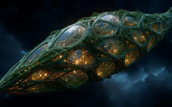 Sci-fi spaceship with organic green lattice and glowing golden chambers drifting through space — 4K Ultra HD PC desktop wallpaper and background.