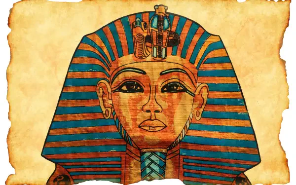 Ancient Egyptian pharaoh's funerary mask with gold and blue striped nemes headdress on aged parchment background — HD PC desktop wallpaper