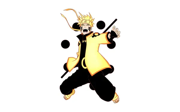 Naruto in a yellow Six Paths cloak, airborne with Truth-Seeking orbs and staff on a white backdrop — 4K Ultra HD PC desktop wallpaper and background.