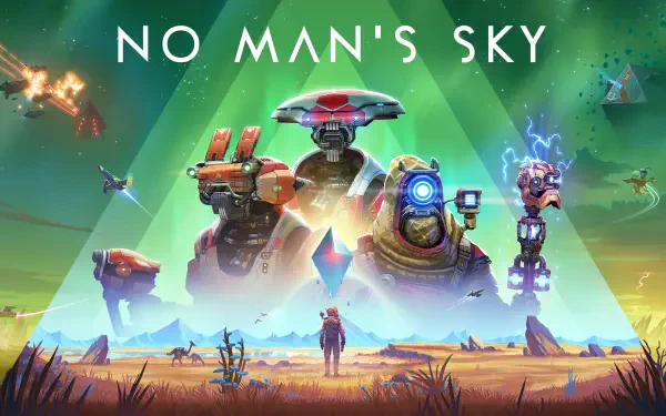 No Man's Sky 4K Ultra HD PC desktop wallpaper — lone explorer on an alien plain faces towering robotic creatures, starships and a glowing geometric monolith beneath a green aurora sky.