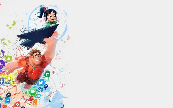 Ralph Breaks the Internet 4K Ultra HD PC desktop wallpaper — Wreck‑It Ralph lifts Vanellope as colorful app and internet icons swirl across a white background.