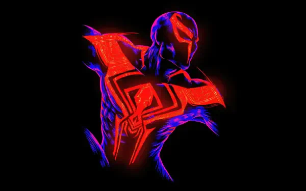 Spider-Man: Across the Spider-Verse neon red-and-blue suit in dynamic pose on black backdrop — 8K Ultra HD PC desktop wallpaper/background.