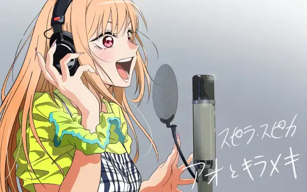Anime 4K Ultra HD PC desktop wallpaper: Marin Kitagawa from My Dress-Up Darling singing into a studio microphone, wearing headphones and a bright outfit.