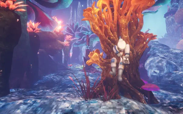 HD PC desktop wallpaper for the video game Abiotic Factor, showing an astronaut exploring a luminous, coral-like tree amid a colorful, bioluminescent alien landscape.