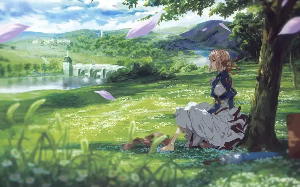 Anime HD PC desktop wallpaper: Violet Evergarden (character) seated beneath a tree by a lake, cherry petals drifting across a sunlit meadow.