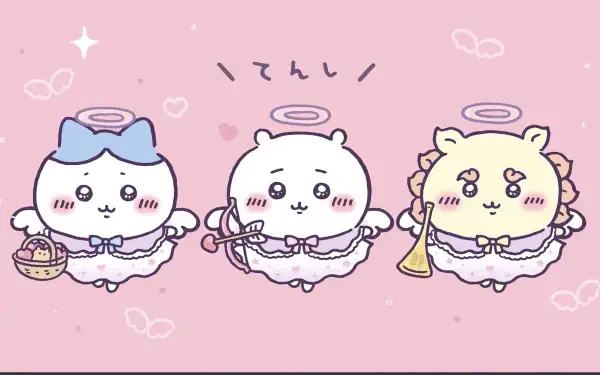 HD PC Desktop Wallpaper and Background featuring kawaii Chiikawa trio as angelic characters with halos, wings and instruments on a pink backdrop with stars and hearts.