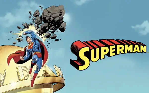 4K Ultra HD PC desktop wallpaper and background featuring comic Superman flying above a golden dome as rubble swirls, with a bold Superman logo against a clear blue sky.
