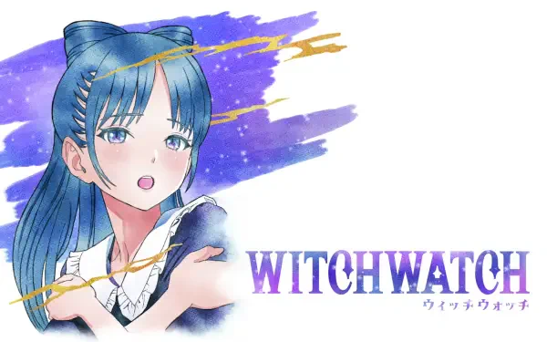 HD PC desktop wallpaper/background: anime character Nemu Miyao from WITCH WATCH, blue‑haired witch against a purple watercolor sky with the WITCHWATCH logo.