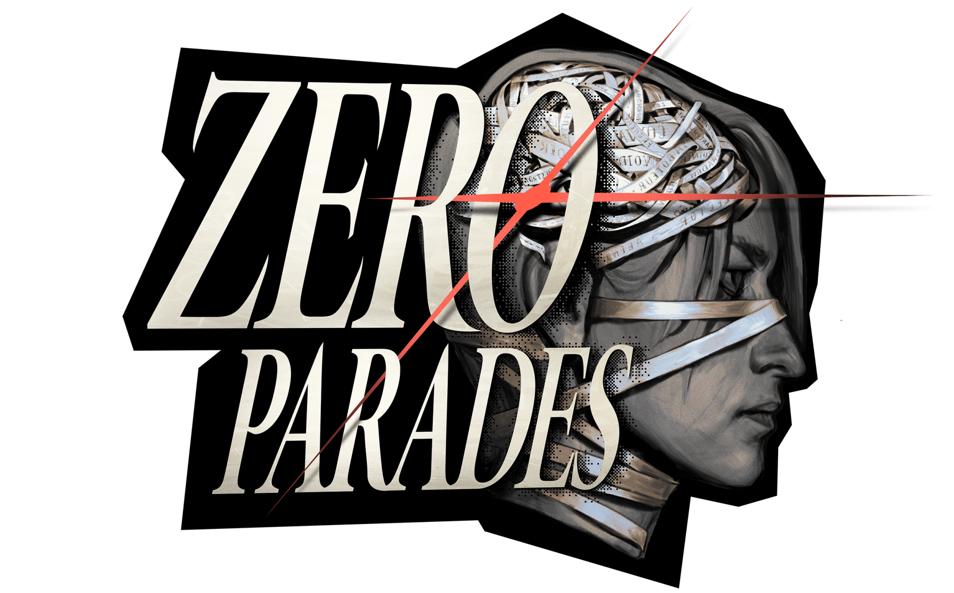 ZERO PARADES video game HD PC desktop wallpaper: monochrome side profile of a blindfolded cyborg head with exposed mechanical brain and red crosshair lines as background.