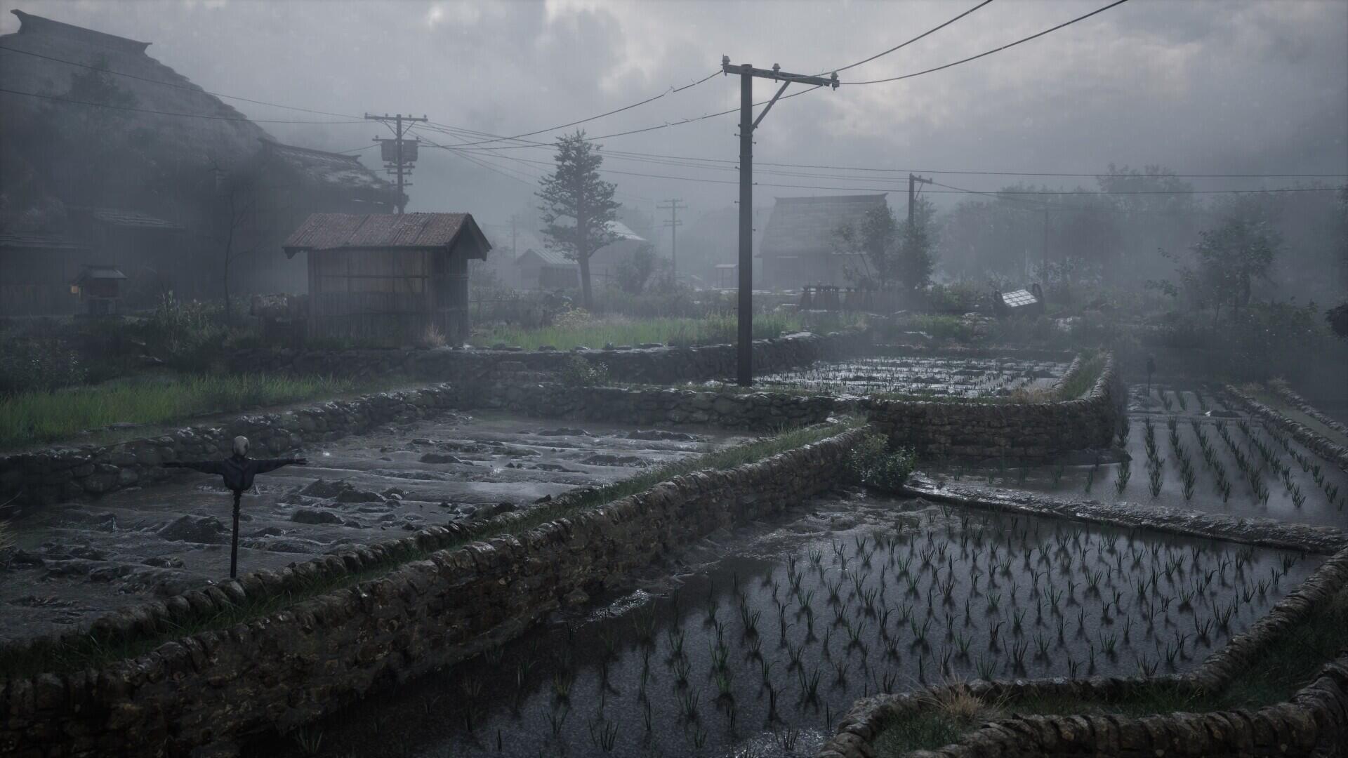 HD PC desktop wallpaper: Silent Hill F video game scene, foggy rural village with flooded vegetable garden plots, rice paddies and weathered houses under gray skies.