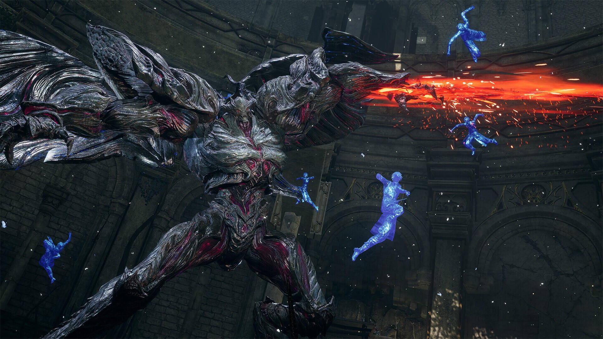 HD PC desktop wallpaper from video game Lost Soul Aside: a towering, armored monster unleashes a fiery beam at glowing blue spirit warriors in a ruined cathedral-like hall.