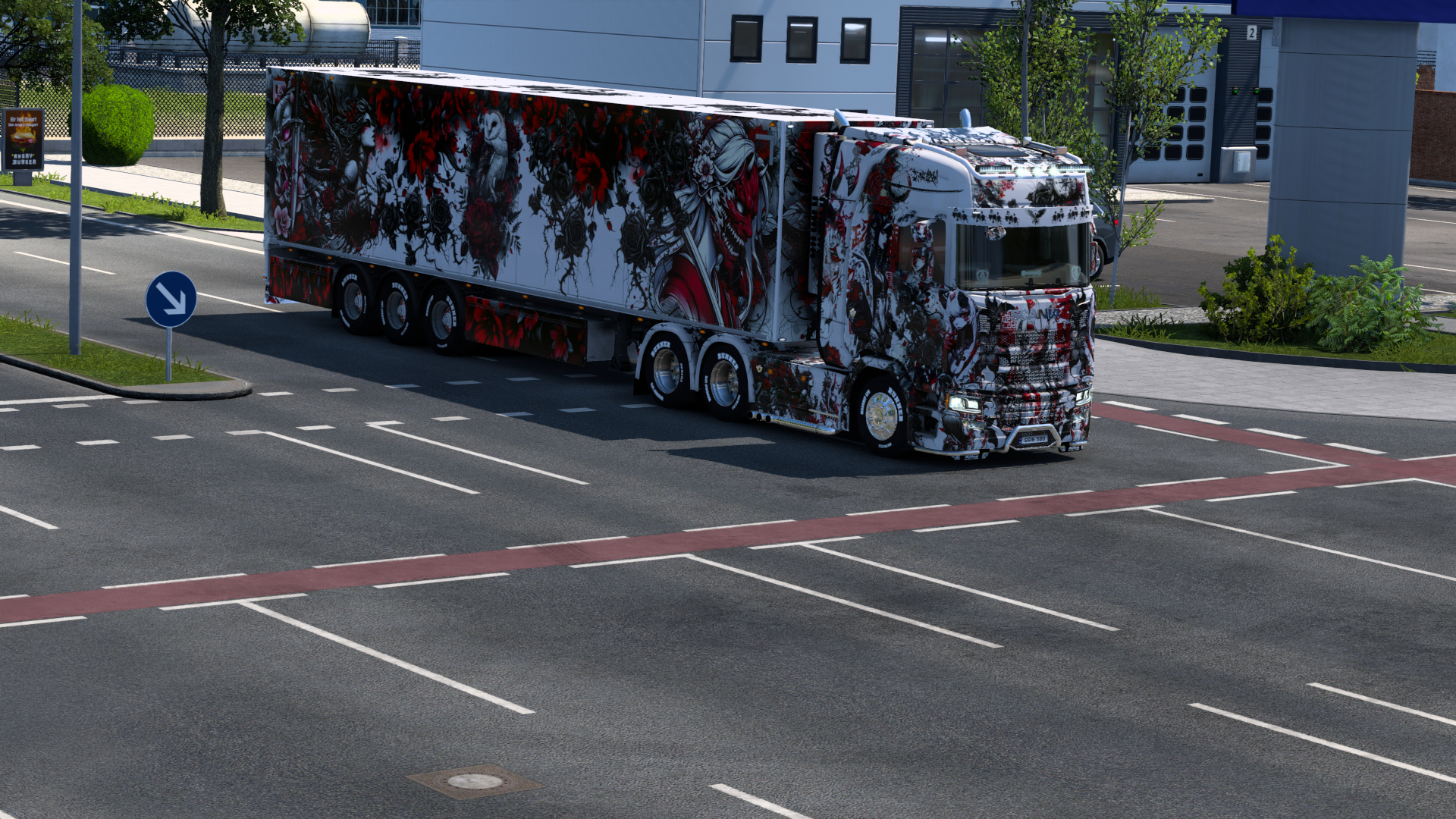 HD PC desktop wallpaper/background: Scania truck with bold racing livery parked at a truck stop — Euro Truck Simulator 2 Truck Racer scene.