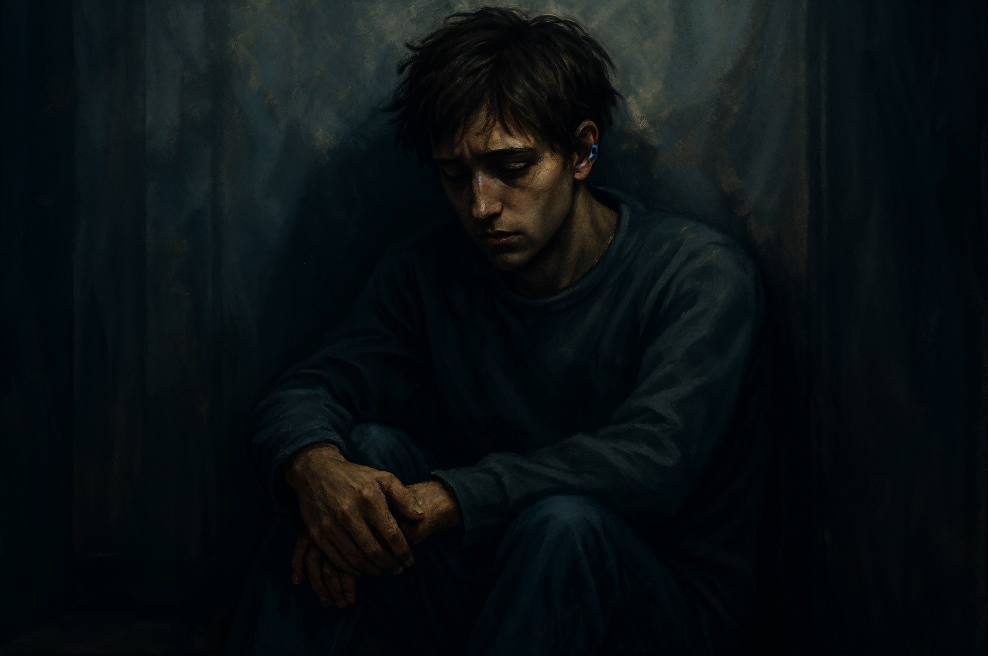 4K Ultra HD PC desktop wallpaper: a depressed young man sits hunched in shadow, head bowed and hands clasped, moody painterly tones and heavy atmosphere.