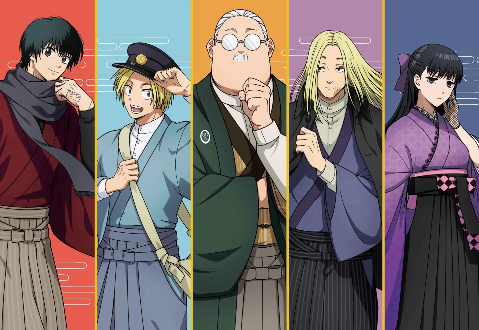 HD PC desktop wallpaper: Sakamoto Days anime lineup of five characters in vertical colored panels, each posing in modern/traditional attire against vibrant gradient backgrounds.
