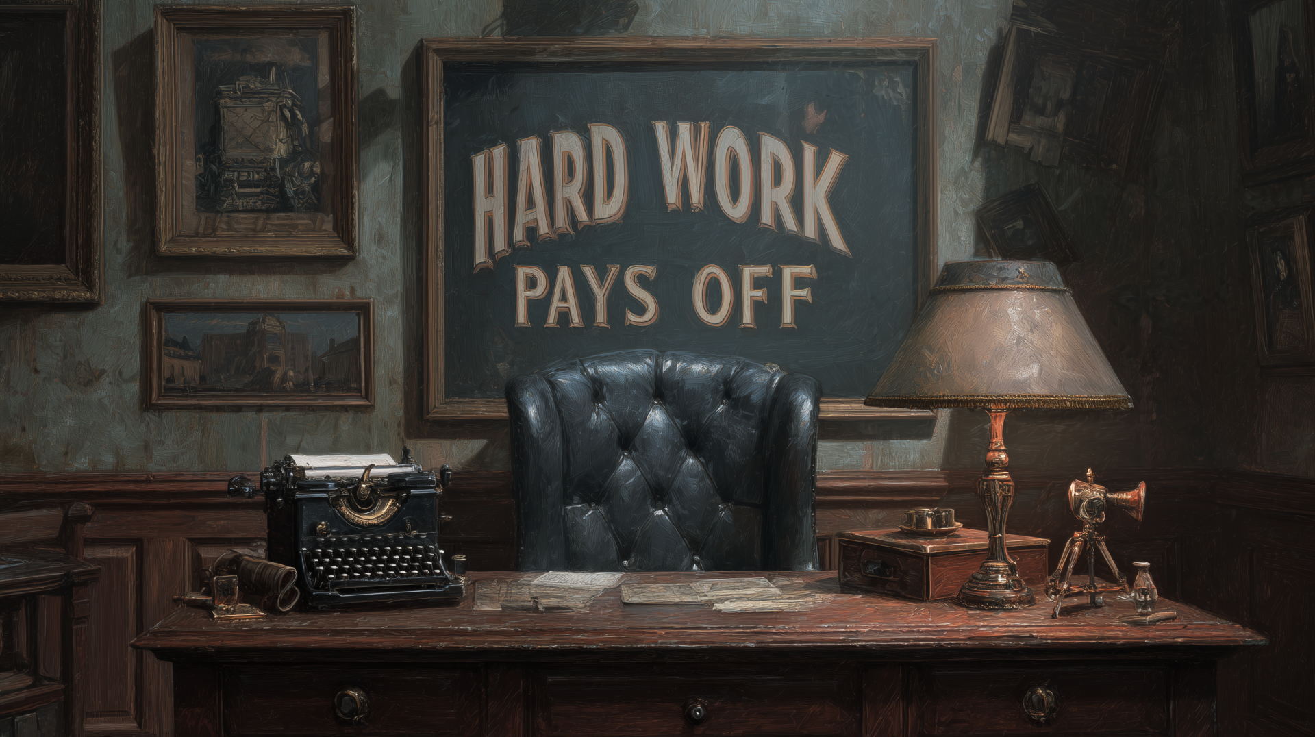 HD PC desktop wallpaper: vintage desk with typewriter and lamp, leather chair under a framed inspirational quote reading Hard Work Pays Off.
