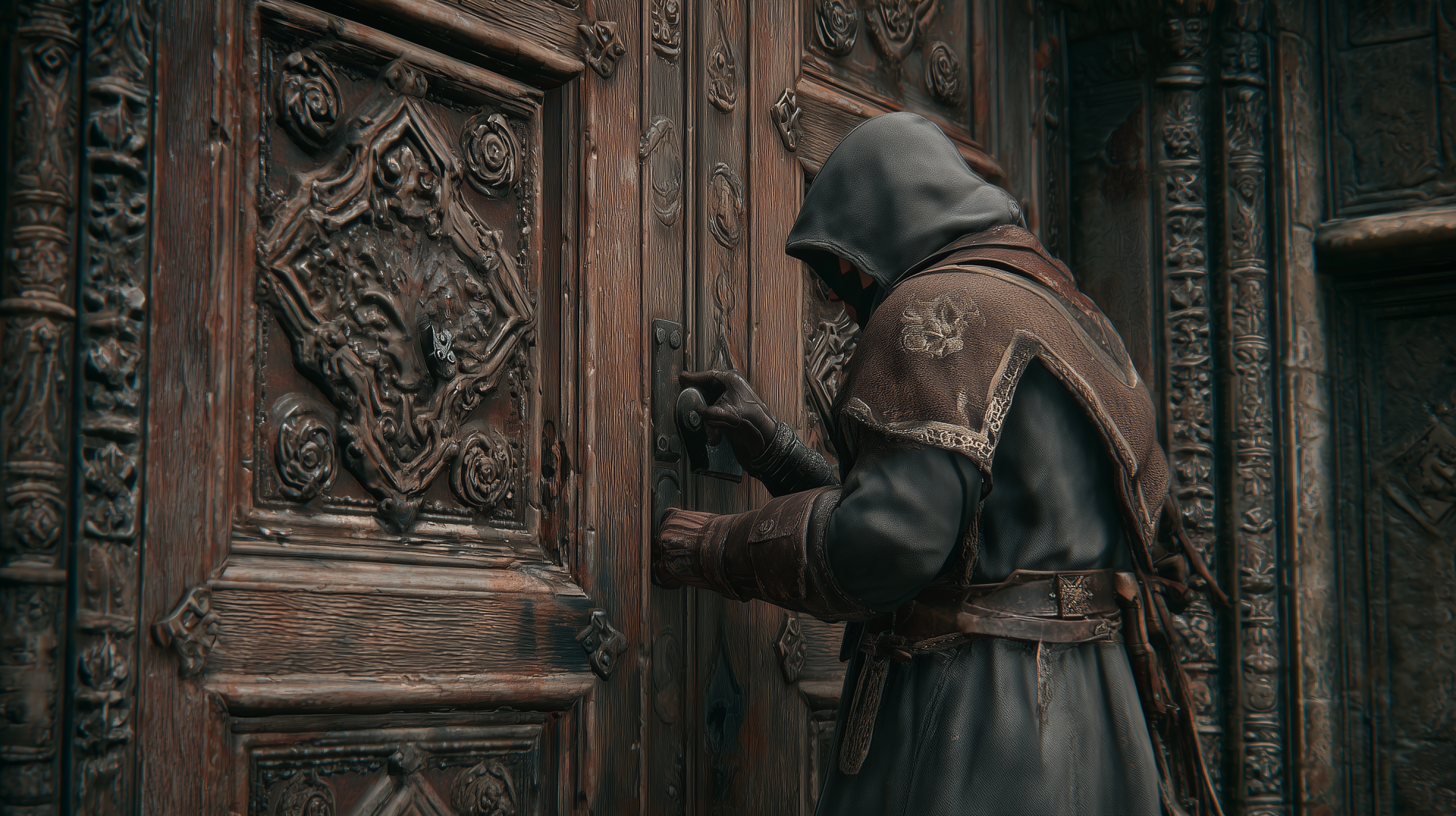 HD PC desktop wallpaper showing a hooded thief lockpicking an ornate carved wooden door in shadow.