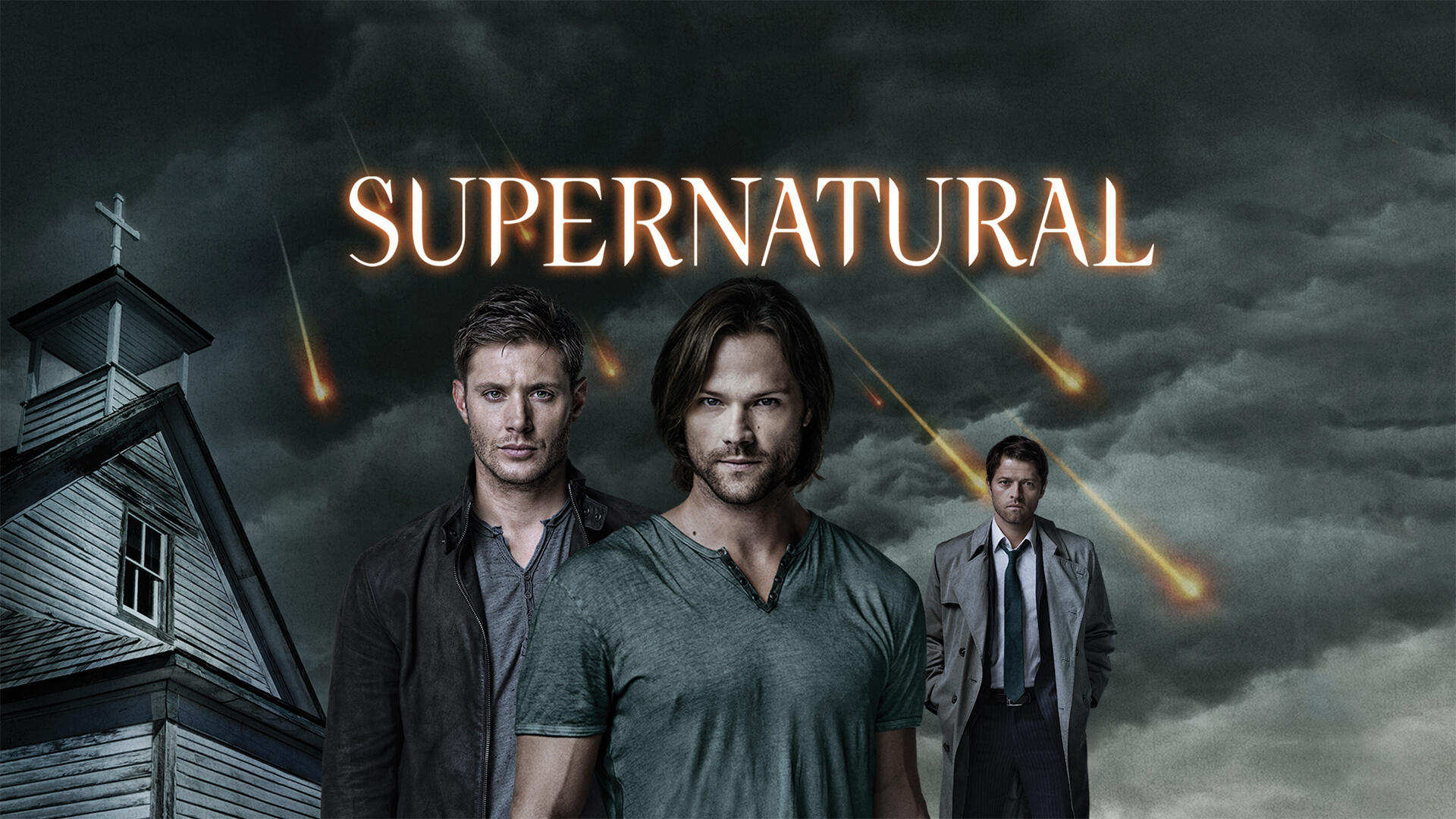 HD PC desktop wallpaper for the Supernatural TV show: three brooding characters stand before a stormy sky with falling meteors and a church.