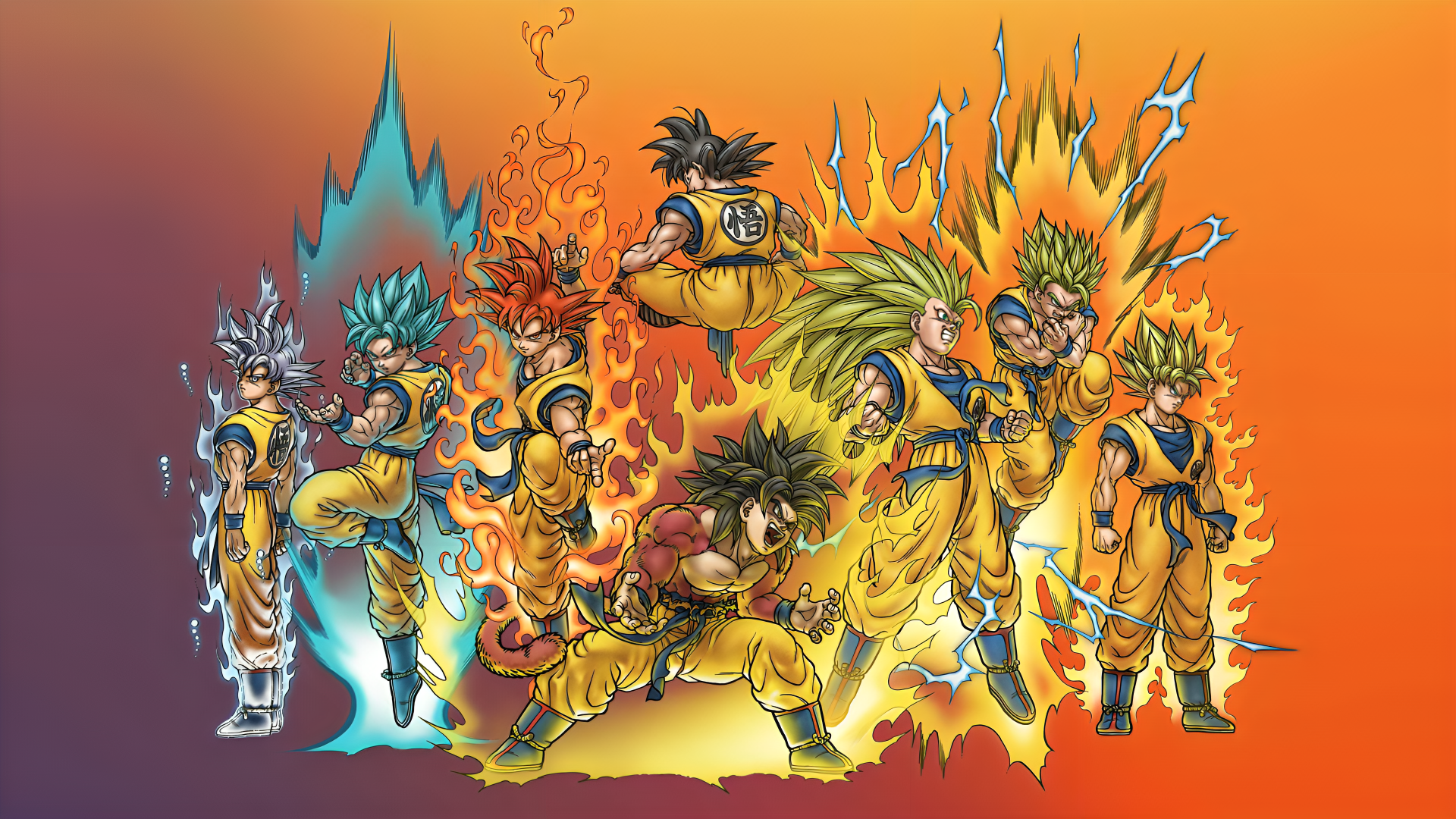 4K Ultra HD PC desktop wallpaper and background — anime warriors in yellow gis lined up, each radiating blue, green, orange or yellow energy auras against a fiery orange gradient.