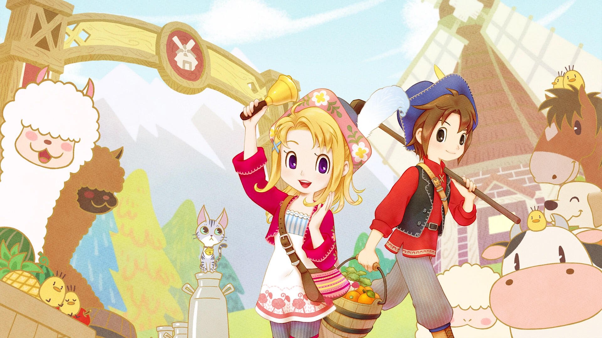 STORY OF SEASONS: Grand Bazaar HD PC desktop wallpaper — two cheerful farmers with baskets in a pastel, bustling market surrounded by animals, stalls, and a festive archway.