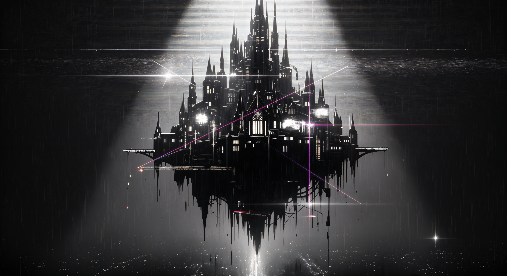 4K Ultra HD PC desktop wallpaper of a dark, futuristic floating castle with sharp spires and glowing windows, suspended above a mirrored void with subtle digital glitch accents.