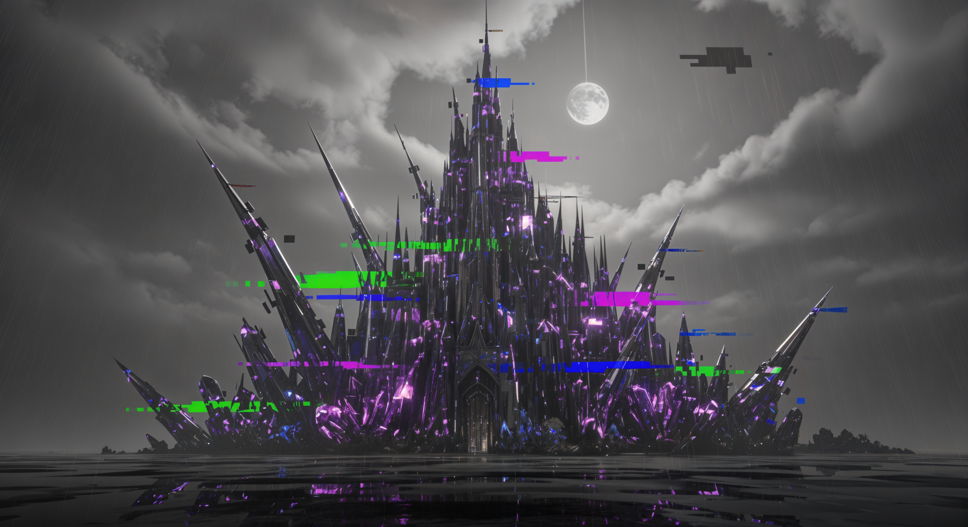4K Ultra HD PC desktop wallpaper and background — a spiked gothic fortress rises from reflective water beneath a full moon, glowing with neon green, purple and blue glitch-like accents.