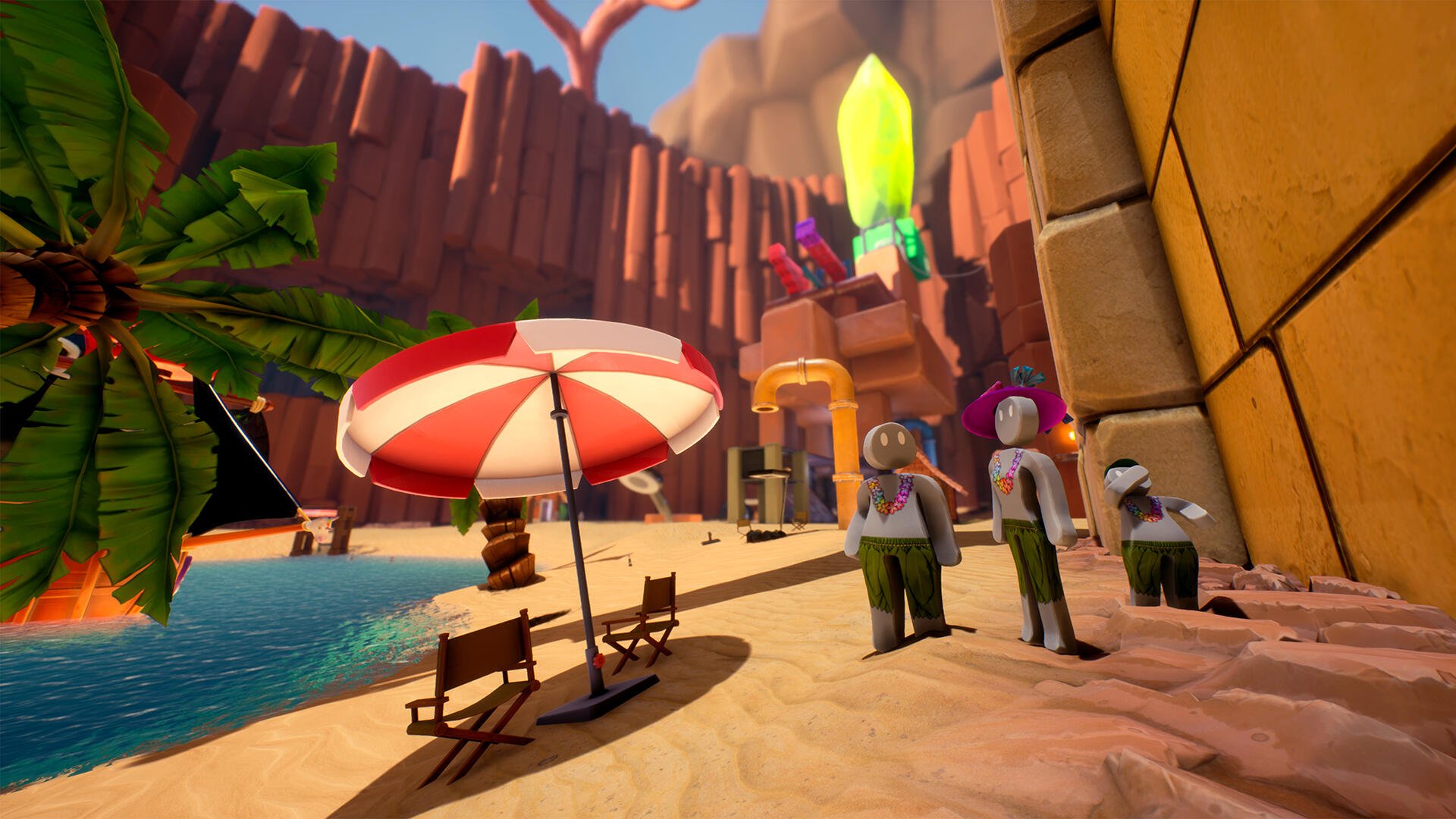 HD PC desktop wallpaper and background from the video game Supraworld — colorful cartoony beach with umbrella and loungers, palm trees, crystal spires and three characters near a cliffside village.