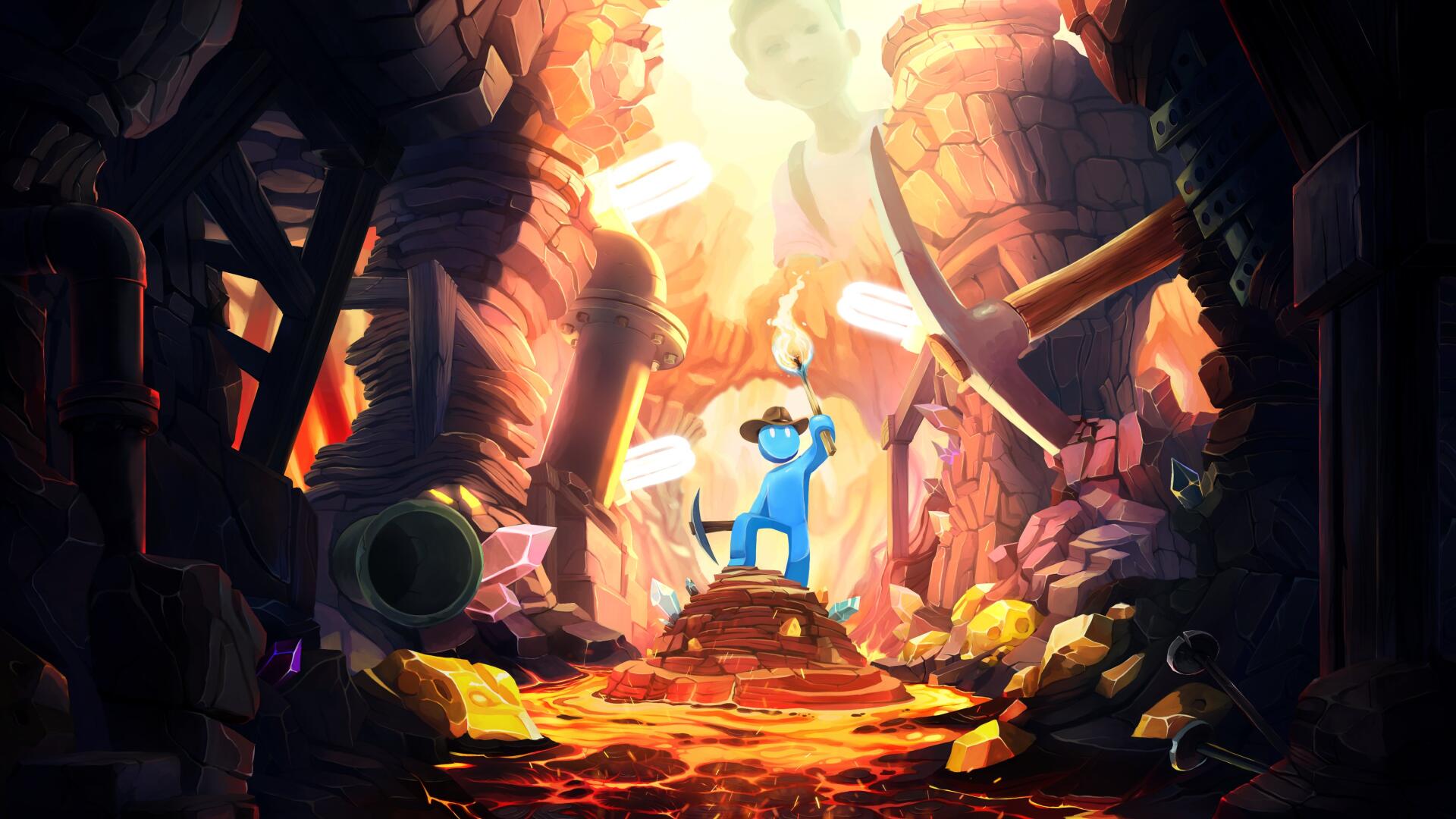 4K Ultra HD PC desktop wallpaper from the video game Supraworld: an explorer in blue raises a torch atop a rocky pedestal amid glowing lava and ruined cavern machinery.