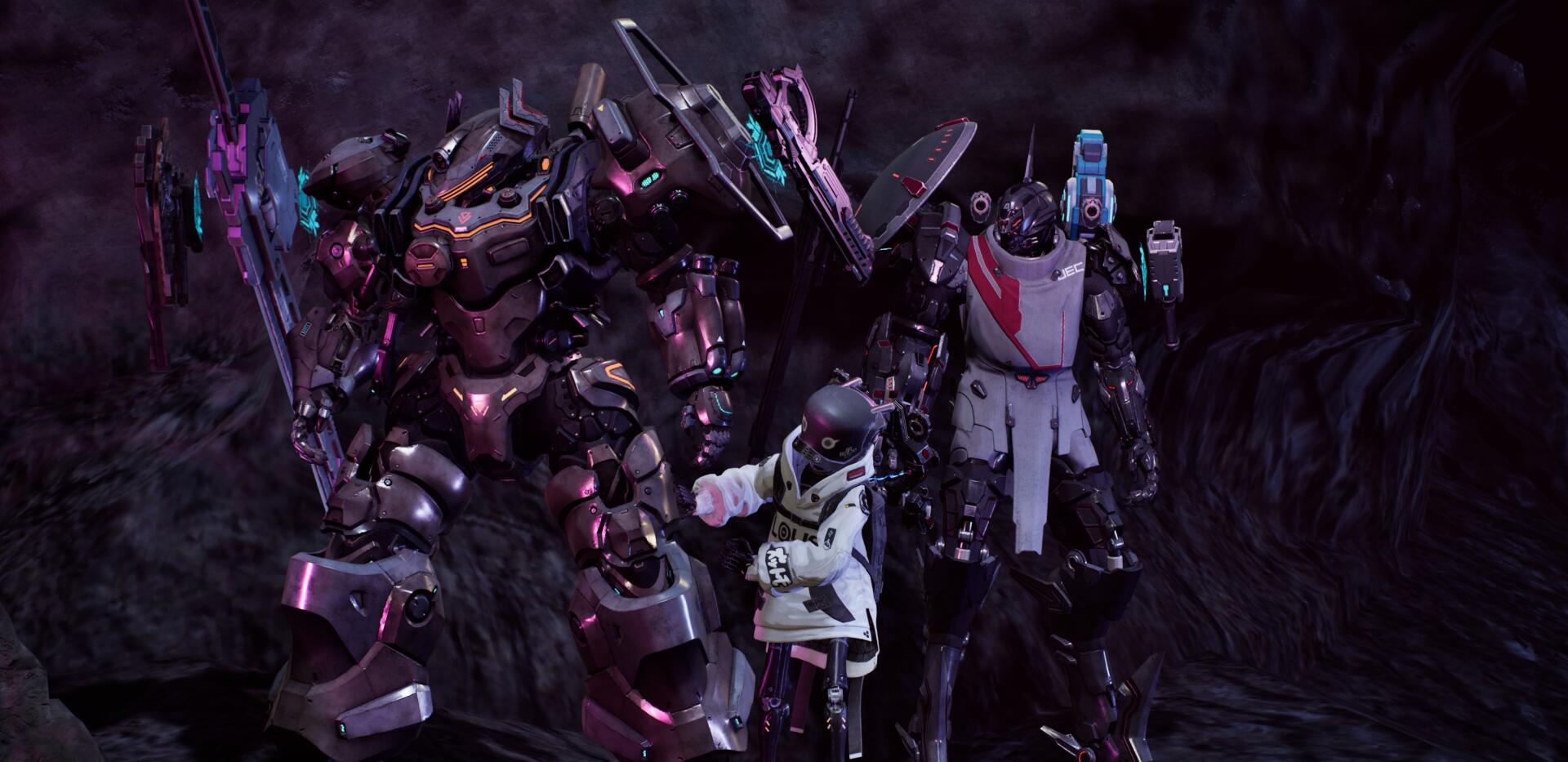 HD PC desktop wallpaper from Daemon x Machina: Titanic Scion — three sci‑fi mecha and a pilot standing in a dark alien landscape, sleek armored robots glowing with neon accents.