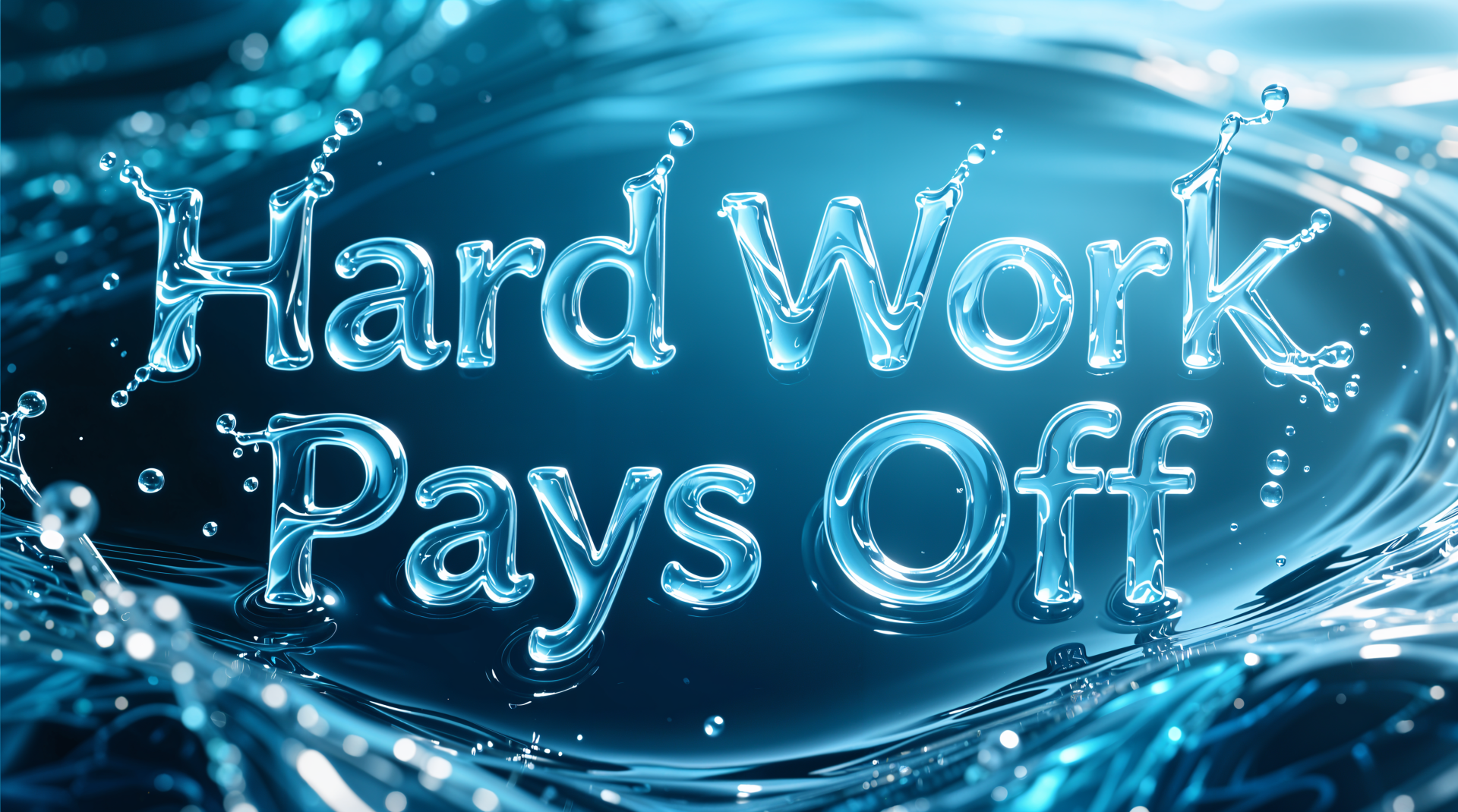 4K Ultra HD PC desktop wallpaper showing Hard Work Pays Off in water-formed glass text above a rippling blue liquid background.