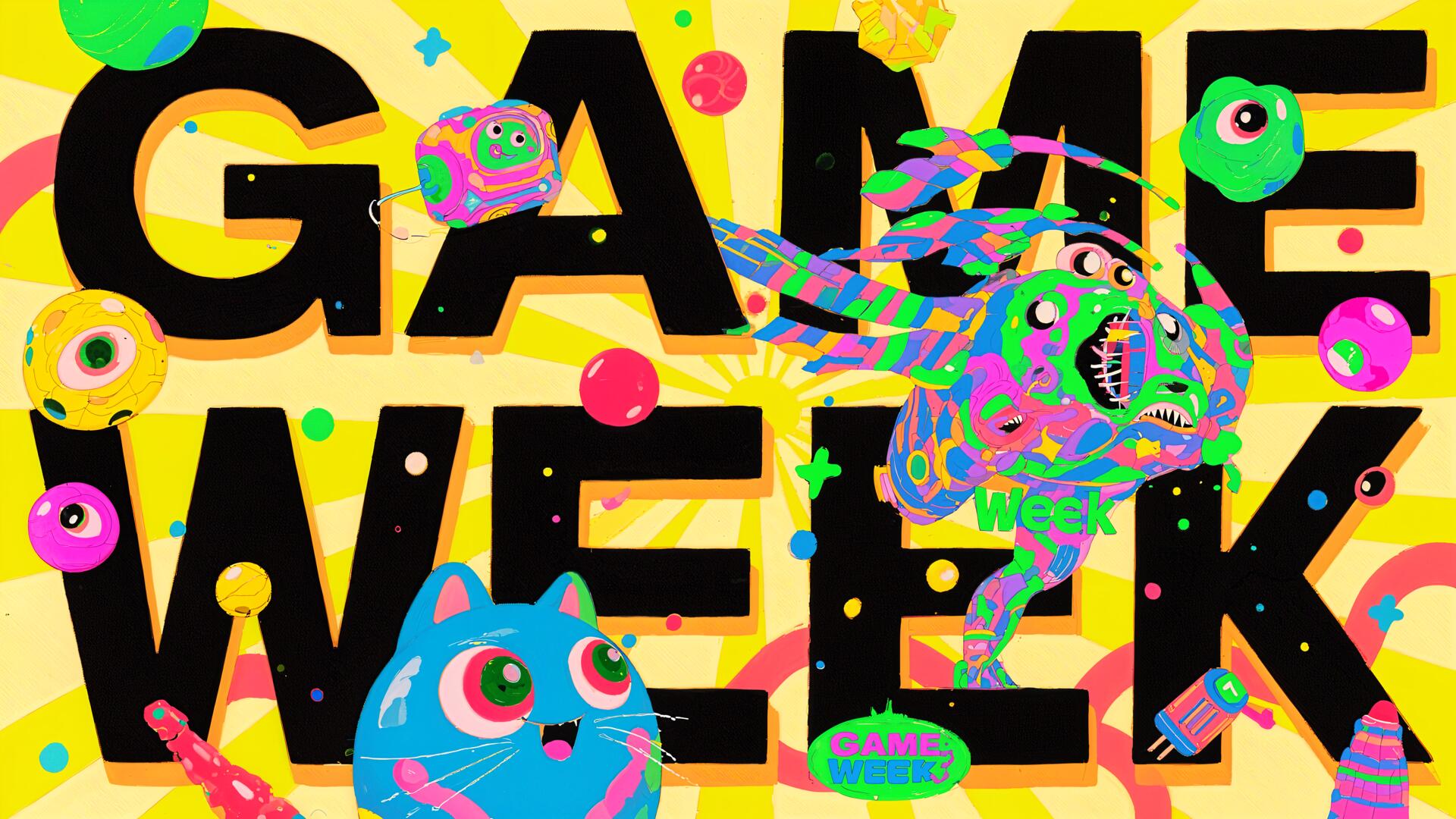 4K Ultra HD PC desktop wallpaper and background showing GAME WEEK in bold black letters on yellow, scattered with neon psychedelic game characters and colorful icons.