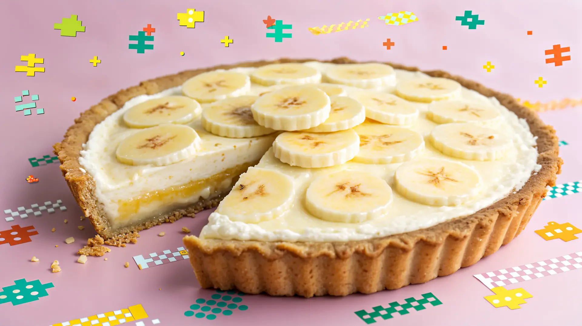 Banana cream pie with sliced bananas on creamy filling and golden crust on a pastel pink, pixel-patterned background — 4K Ultra HD PC desktop wallpaper.